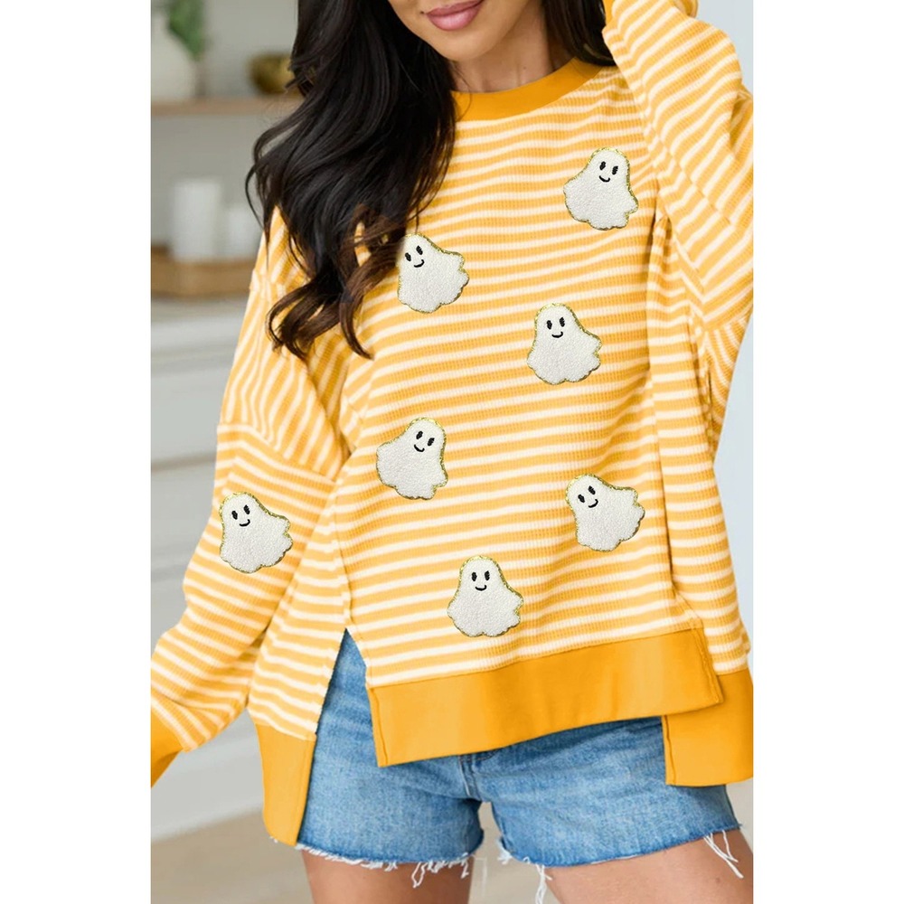 Stripe Halloween Ghost Patch Round Neck Long Sleeve Top - Medium